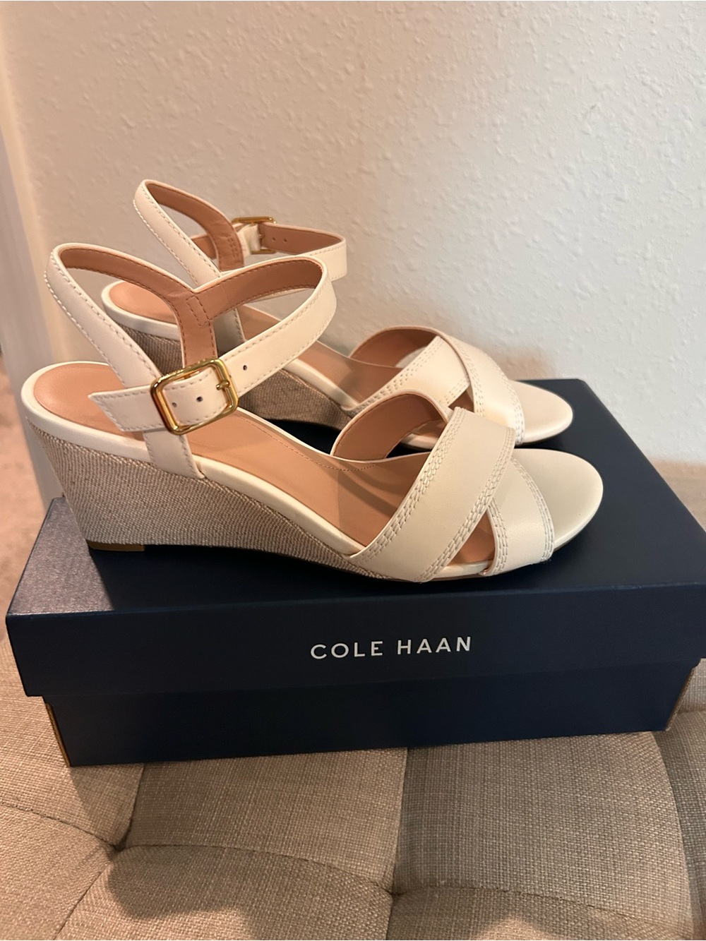 NEW Cole Haan Cream Leather Wedge Sandals with Gold Buckle
